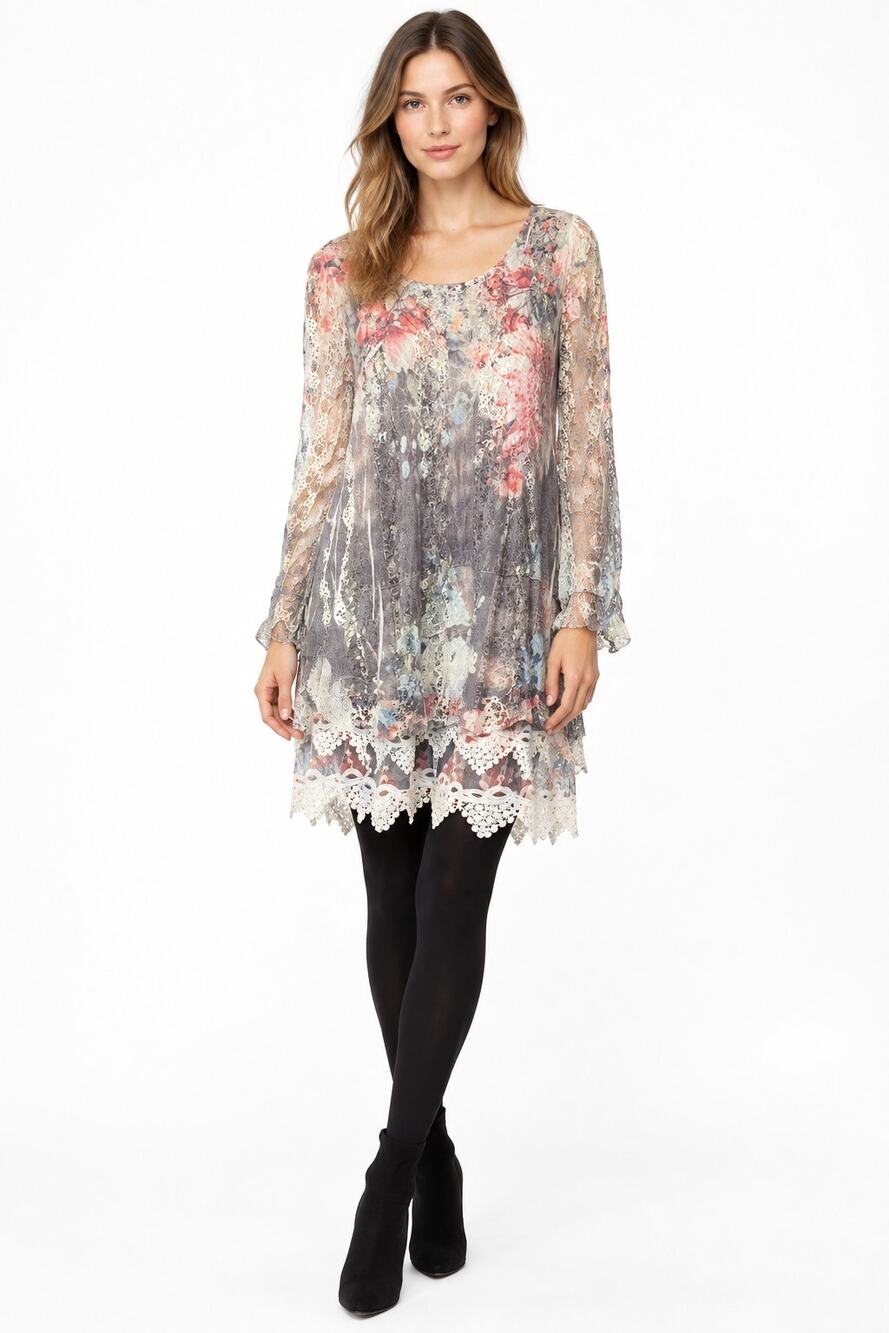 Origami Denim Rose Long Sleeve All Lace Dress Small